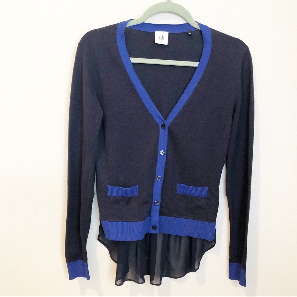 Cabi 5016 Navy Blue Colorblock Cardigan Chiffon Hem XS